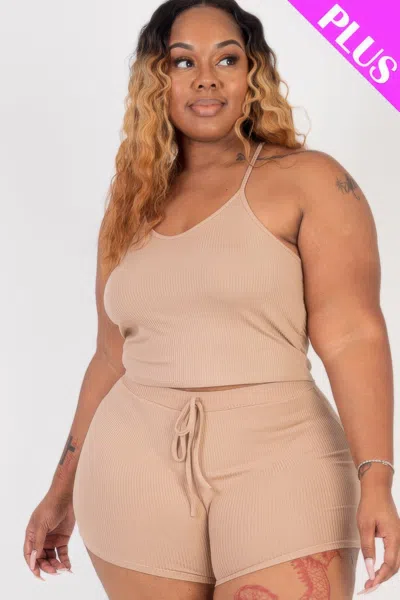Fashnzfab Plus Size Ribbed Crop Cami Top & Shorts Set In Gold