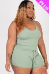 Fashnzfab Plus Size Ribbed Crop Cami Top & Shorts Set In Green