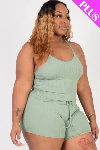 Fashnzfab Plus Size Ribbed Crop Cami Top & Shorts Set In Green