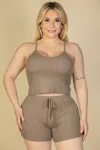 Fashnzfab Plus Size Ribbed Crop Cami Top & Shorts Set In Grey