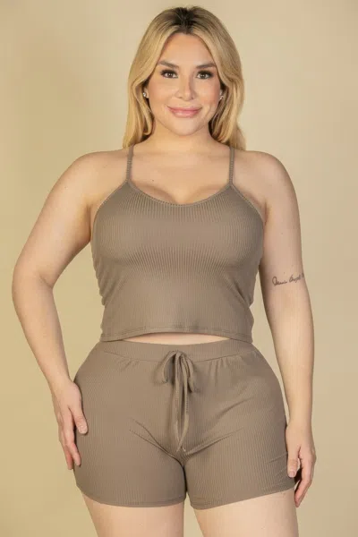 Fashnzfab Plus Size Ribbed Crop Cami Top & Shorts Set In Grey