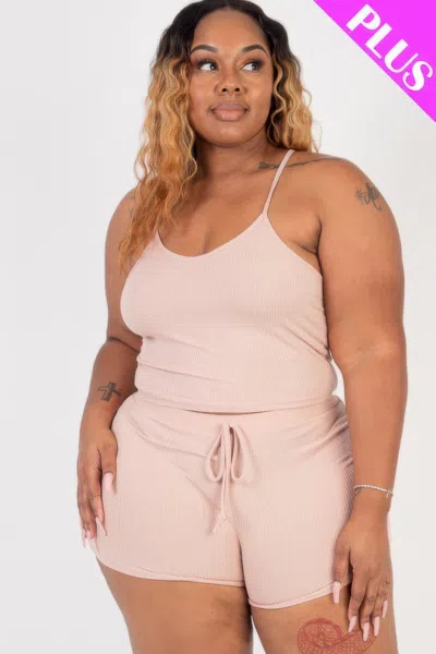 Fashnzfab Plus Size Ribbed Crop Cami Top & Shorts Set In Pink