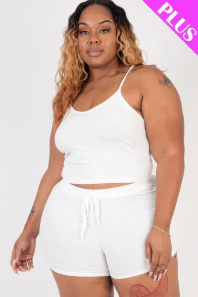 Fashnzfab Plus Size Ribbed Crop Cami Top & Shorts Set In White