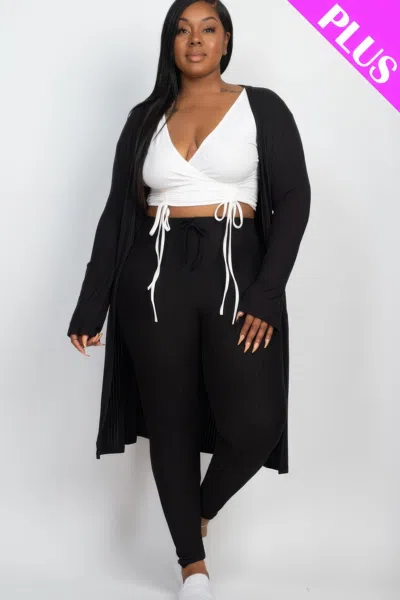 Fashnzfab Plus Size Ribbed Long Cardigan & Leggings Set In Black