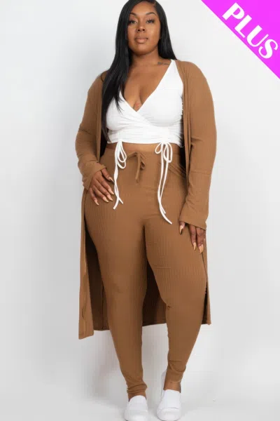 Fashnzfab Plus Size Ribbed Long Cardigan & Leggings Set In Brown