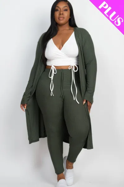Fashnzfab Plus Size Ribbed Long Cardigan & Leggings Set In Green