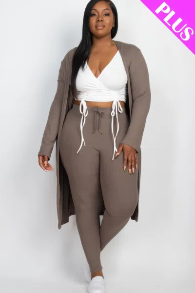 Fashnzfab Plus Size Ribbed Long Cardigan & Leggings Set In Grey