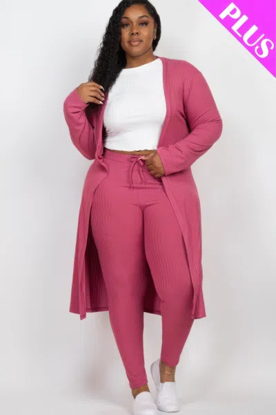 Fashnzfab Plus Size Ribbed Long Cardigan & Leggings Set In Multi