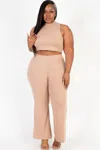 Fashnzfab Plus Size Ribbed Mock Neck Crop Tank Top& Bootcut Pants Set In Brown
