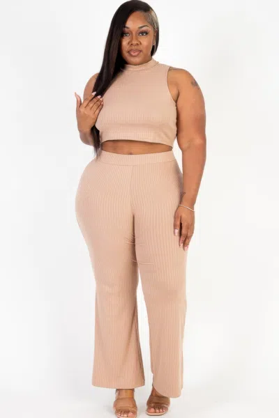 Fashnzfab Plus Size Ribbed Mock Neck Crop Tank Top& Bootcut Pants Set In Brown
