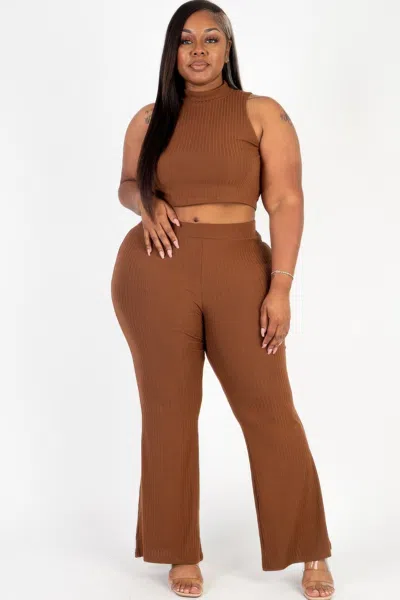 Fashnzfab Plus Size Ribbed Mock Neck Crop Tank Top& Bootcut Pants Set In Multi