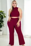 Fashnzfab Plus Size Ribbed Mock Neck Crop Tank Top& Bootcut Pants Set In White
