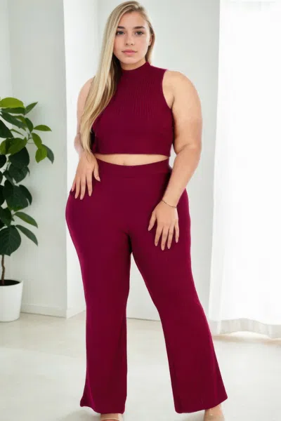 Fashnzfab Plus Size Ribbed Mock Neck Crop Tank Top& Bootcut Pants Set In White