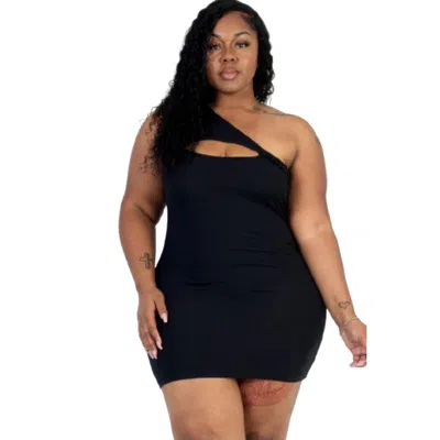 Fashnzfab Plus Size Ribbed One Shoulder Cutout Front Casual Mini Bodycon Dress In Black