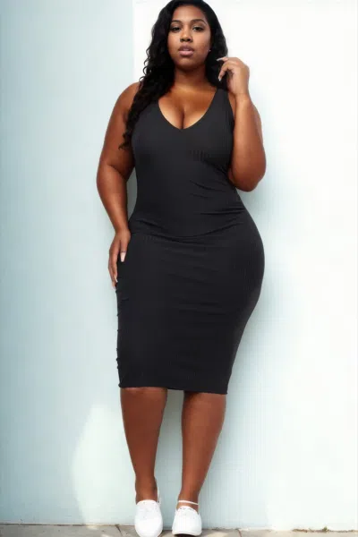 Fashnzfab Plus Size Ribbed Sleeveless Bodycon Midi Dress In Black