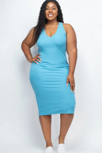 Fashnzfab Plus Size Ribbed Sleeveless Bodycon Midi Dress In Blue