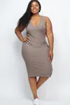 Fashnzfab Plus Size Ribbed Sleeveless Bodycon Midi Dress In Grey