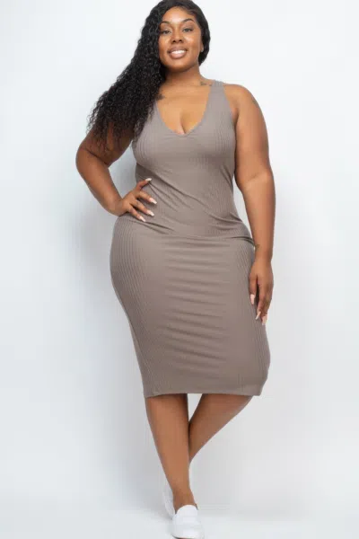 Fashnzfab Plus Size Ribbed Sleeveless Bodycon Midi Dress In Grey