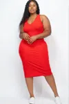 Fashnzfab Plus Size Ribbed Sleeveless Bodycon Midi Dress In Red