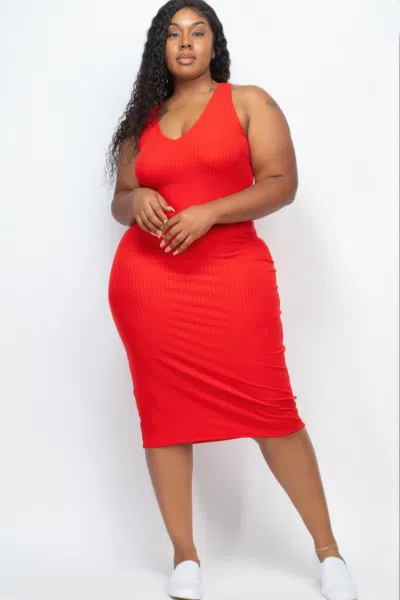 Fashnzfab Plus Size Ribbed Sleeveless Bodycon Midi Dress In Red