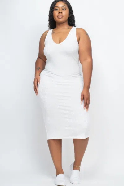 Fashnzfab Plus Size Ribbed Sleeveless Bodycon Midi Dress In White