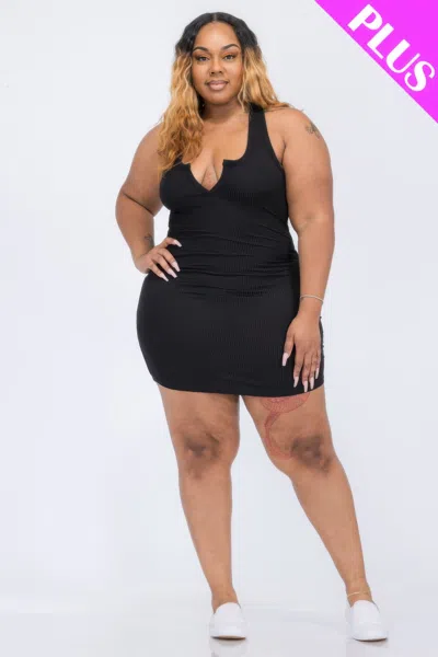 Fashnzfab Plus Size Ribbed Split Neck Tank Mini Dress In Black