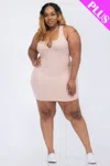 Fashnzfab Plus Size Ribbed Split Neck Tank Mini Dress In Gold