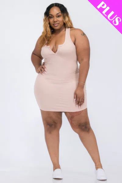 Fashnzfab Plus Size Ribbed Split Neck Tank Mini Dress In Gold