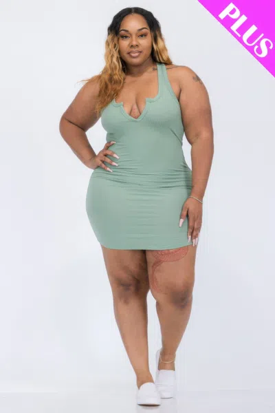Fashnzfab Plus Size Ribbed Split Neck Tank Mini Dress In Green