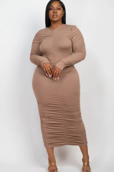 Fashnzfab Plus Size Ruched Long Sleeve Midi Dress In Multi