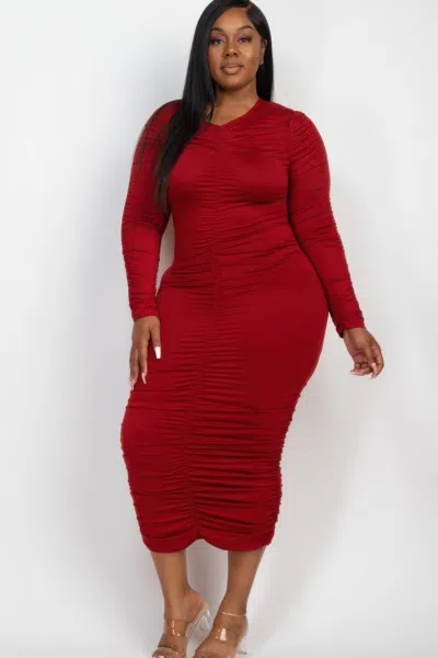 Fashnzfab Plus Size Ruched Long Sleeve Midi Dress In Red