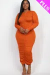 Fashnzfab Plus Size Ruched Long Sleeve Midi Dress In Yellow