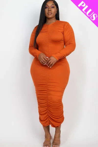 Fashnzfab Plus Size Ruched Long Sleeve Midi Dress In Yellow