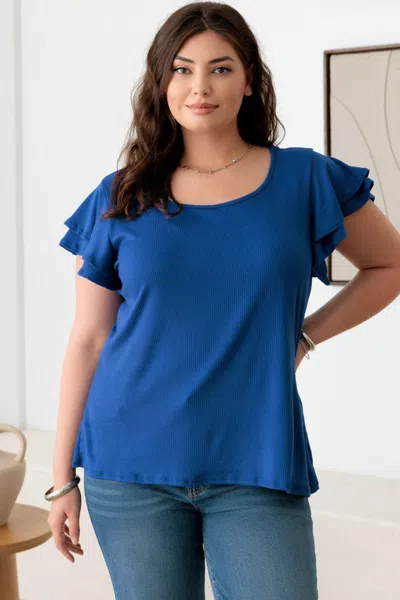 Fashnzfab Plus Size Short Fluttery Sleeve Round Neck Top In Blue