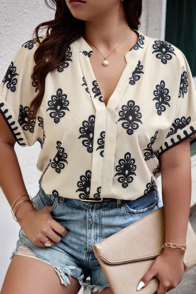 Fashnzfab Plus Size Short Sleeve V Neck Printed Blouse