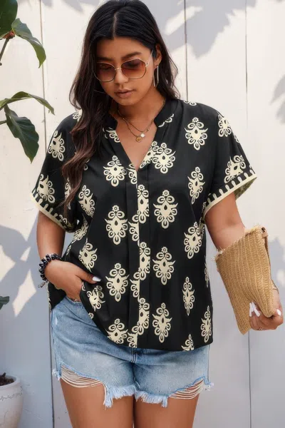 Fashnzfab Plus Size Short Sleeve V Neck Printed Blouse
