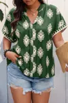 Fashnzfab Plus Size Short Sleeve V Neck Printed Blouse