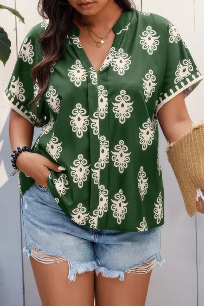 Fashnzfab Plus Size Short Sleeve V Neck Printed Blouse