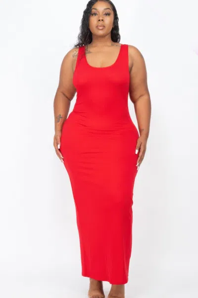 Fashnzfab Plus Size Solid Basic Maxi Dress In Red