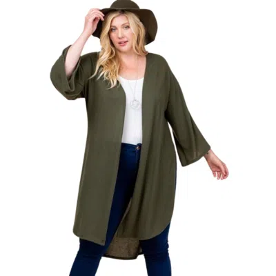 Fashnzfab Plus Size Solid Hacci Brush Open Front Long Cardigan With Bell Sleeves In Green