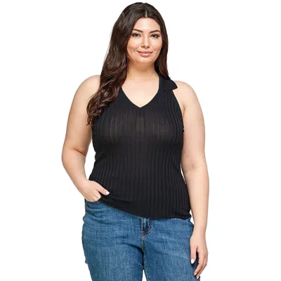 Fashnzfab Plus Size, Solid Ribbed Knit Polo Sleeveless Top In Black