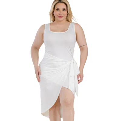 Fashnzfab Plus Size Solid Wrap Front Tie Side Midi Dress In White
