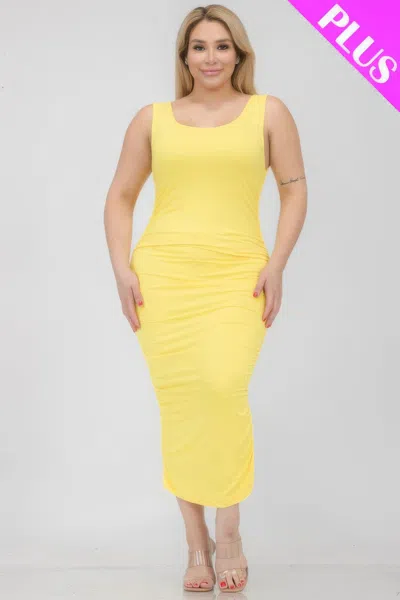 Fashnzfab Plus Size Square Neck Ruched Bodycon Midi Dress In Yellow