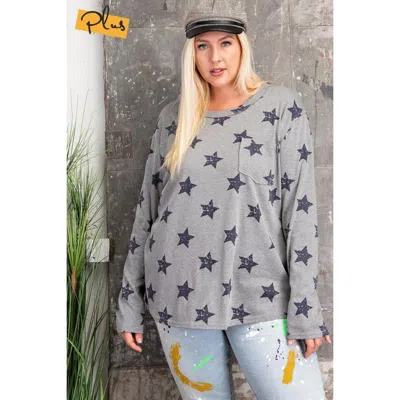 Fashnzfab Plus Size Star Printed Poly Rayon Loose Fit Top In Grey
