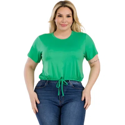 Fashnzfab Plus Size Tie Front Drawstring Short Sleeve Crop Top In Green