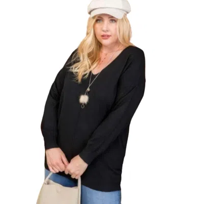 Fashnzfab Plus Size V Neck 3/4 Sleeve Side Slit Hi-lo Sweater In Black