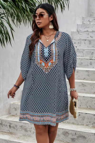 Fashnzfab Plus Size V Neck Printed Loose Fit Midi Dress