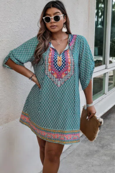Fashnzfab Plus Size V Neck Printed Loose Fit Midi Dress