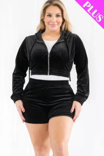 Fashnzfab Plus Size Velour Crop Zip Up Hoodie And Shorts Set In Black