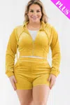 Fashnzfab Plus Size Velour Crop Zip Up Hoodie And Shorts Set In Yellow